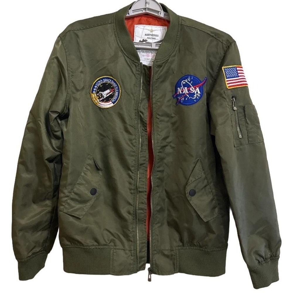 ASSTSERIES MILITARE NASA Bomber Jacket Mens XL Olive Green Space Shuttle Patches
